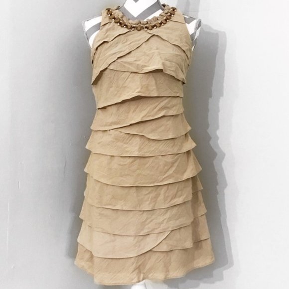 S.L. Fashions Dresses & Skirts - Tiered Sleeveless Mini A Line Tan Boho Chic Casual Dress Bejewelled Rock Detail